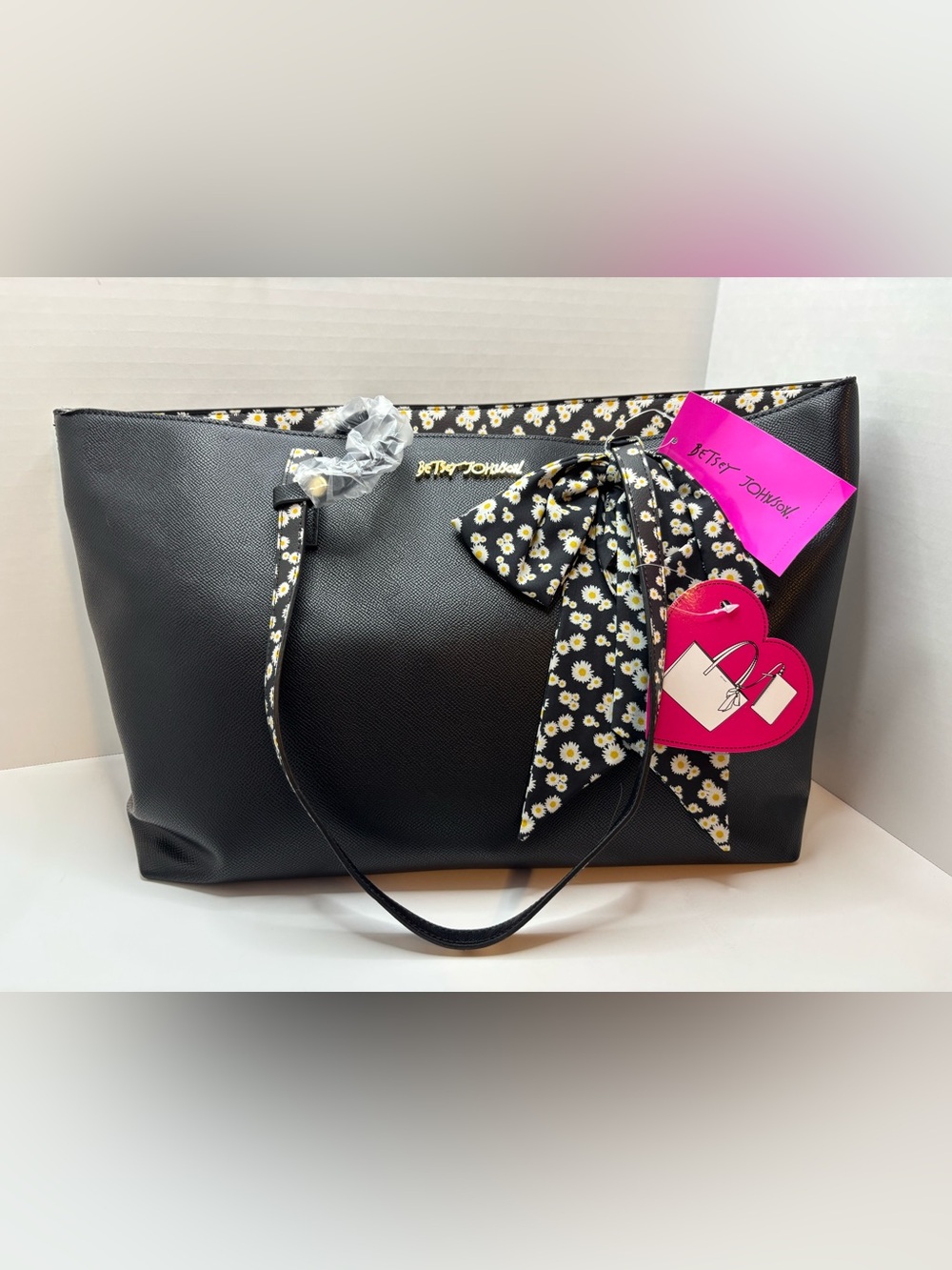 Betsey Johnson Black Large Tote Daisy Print W Bow scarf XOZARIA